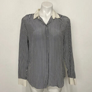 Ann Taylor Blue Cream Preppy Silk Pinstripe Academia Button Down Shirt Size 10